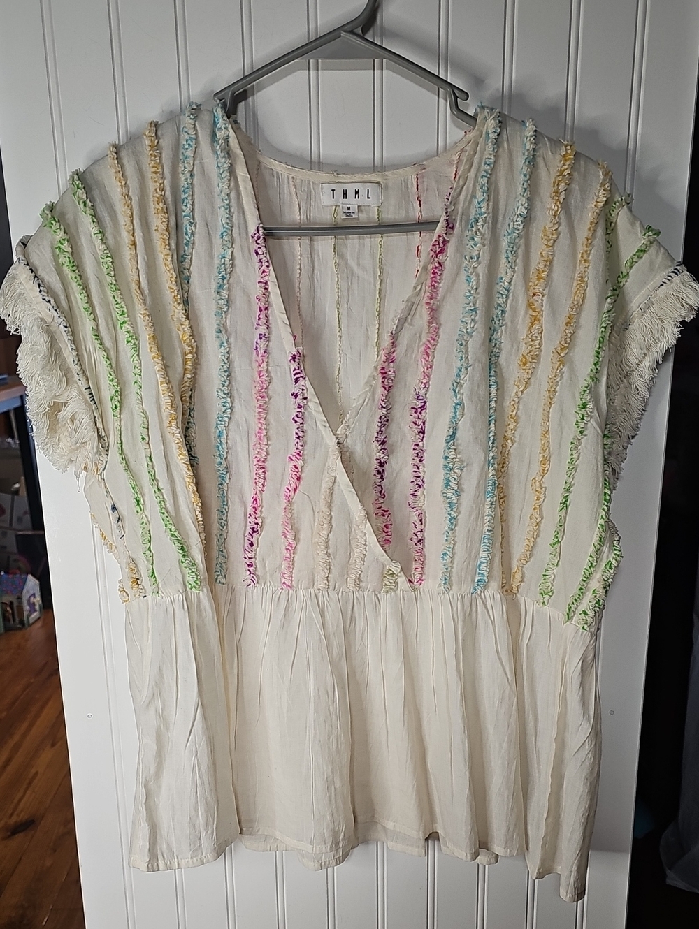 THML Cream Boho V-Neck Tunic with Multi-Color Stripes